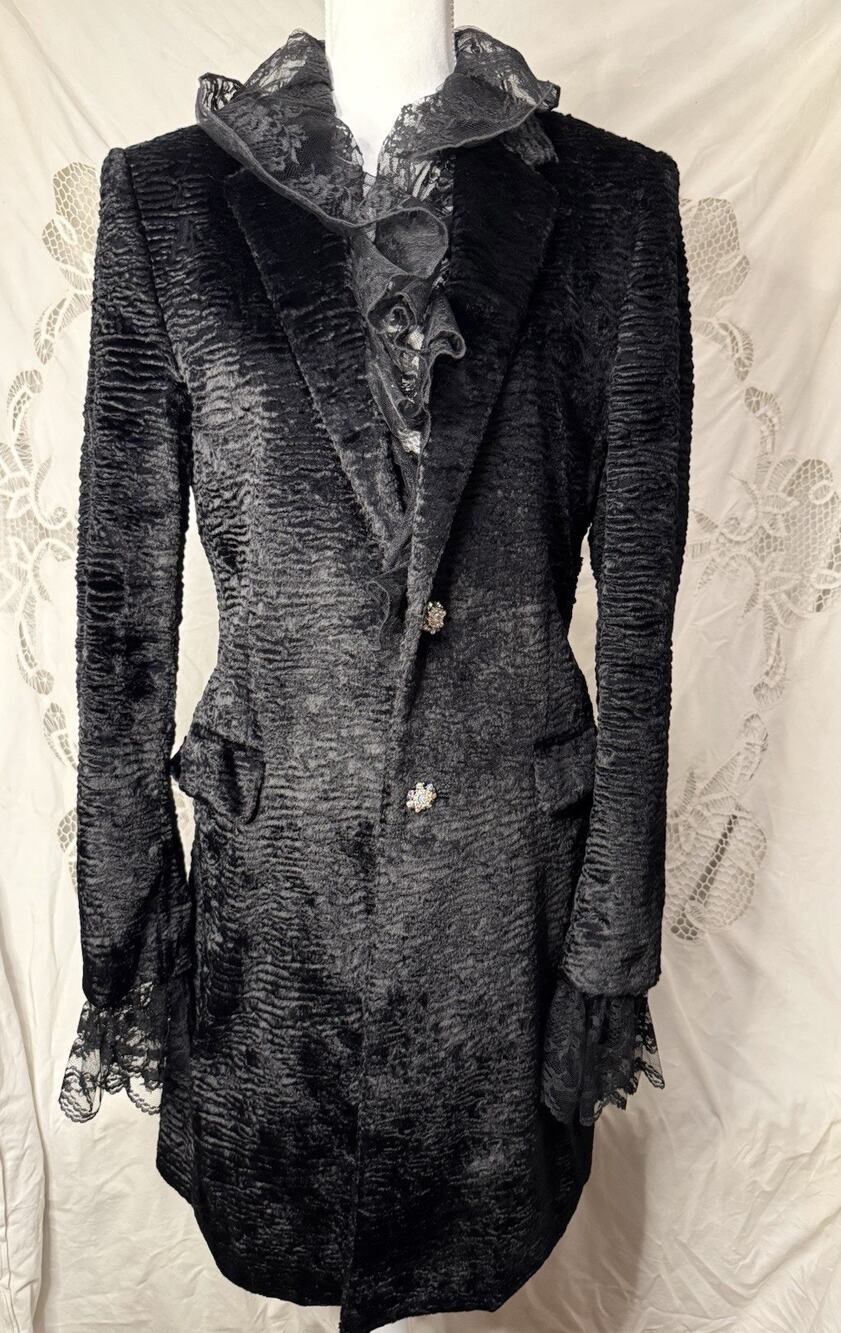 Vintage Max Nugus Haute Couture Black Velvet Lace Gothic Victorian Coat Medium